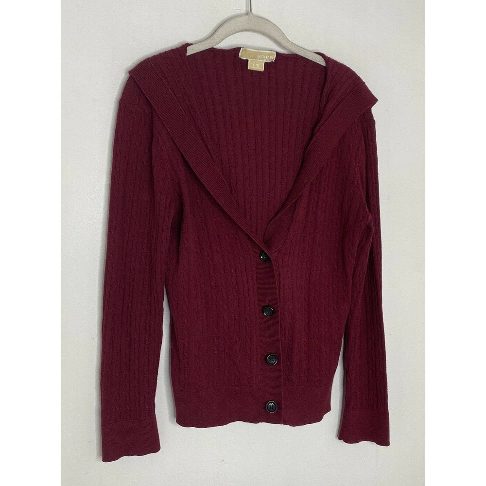 Michael Kors Cable Knit red hooded Button Cardigan Sweater size large - Picture 3 of 7